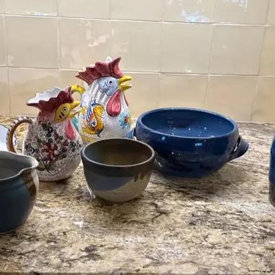 6 Piece Handcrafted Pottery and 1 Bakers Stoneware  