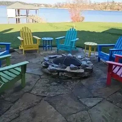 6 Multicolored Polywood Adirondack Chairs And 4 Tables