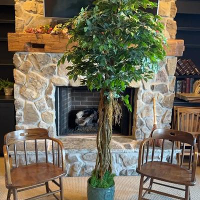 Antique Oak Captains Chairs with Faux Ficus 
