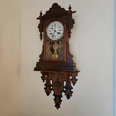 Ornate Waterbury Antique Oak Cased Wall Clock And Shelf