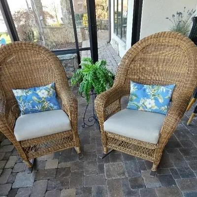 Ficks Reed Wicker chairs with peacock back, Metal Plant Stand With Faux Fern