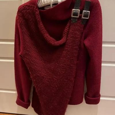 Cranberry Sweater with Adjustable Belt & Beaded Bag
