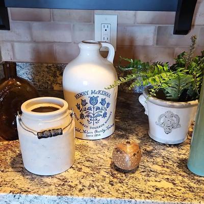 Collection Of Vintage Bottles And Jugs  With Faux Fern