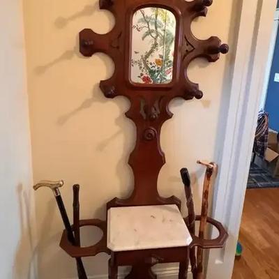 Vintage Victorian Walnut Hall Tree And Assorted Canes/ Walking D ticks