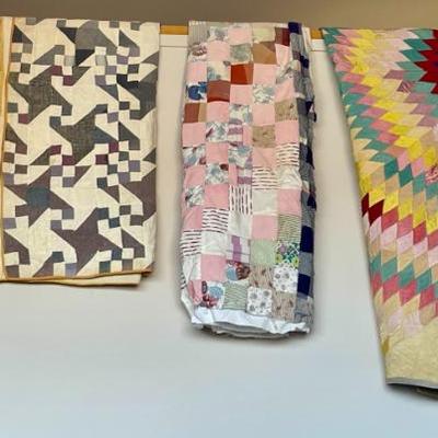 Sale Photo Thumbnail #146: (L to R) Bow Tie, Crazy, unfinished topper & Lone Star quilts