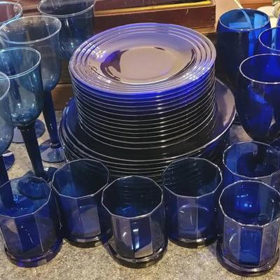 Cobalt Glass Dinnerware Set Mix & Match Plates Cups and Wine Glasses 