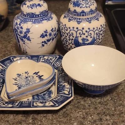Blue and White Chinese Style Ceramics Lot of Jars and Dishes