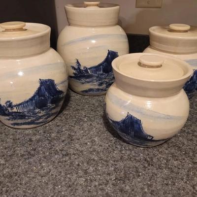 Paul Storie Pottery Crock Canister Jar 4 Pc Set Cobalt Blue Barn Scene Vintage 