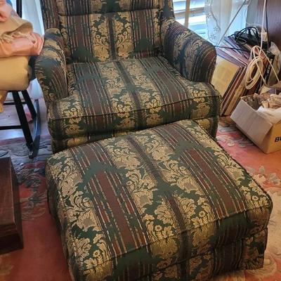 Green and Red Brocade Arm Chair and Ottoman