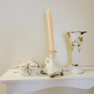 Victorian Milk Glass Lot Includes Vase Candlestick and Box - 3 Pc