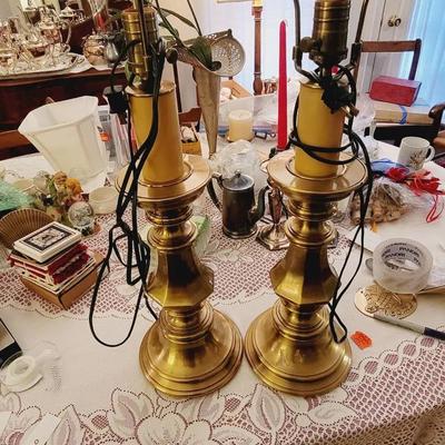 Pair Heavy Brass Table Lamps Matched Set