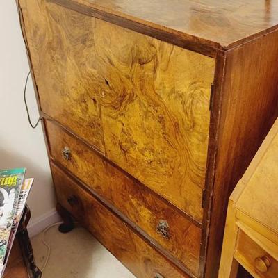 Art Deco Burl Walnut Tall Boy Style Chest Dresser 2 Shelf Cabinet 2 Drawers