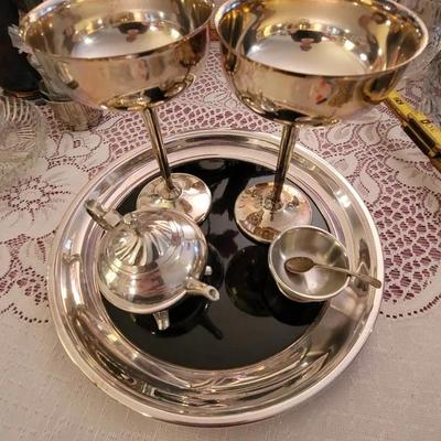 Silver Plate and Silver Tone Tray, Glasses and More Lot