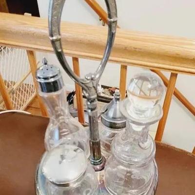Silver Plate Cruet Set Stand and Etched Glass Bottles Jars