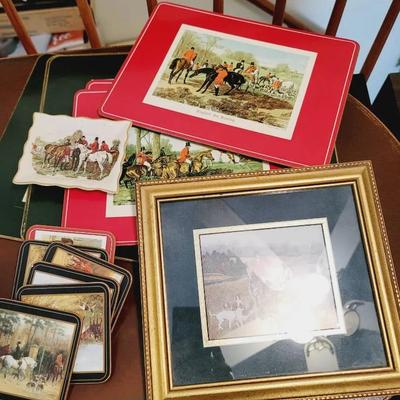 English Fox Hunting Riding Decor Lot -Coasters Place Mats Dish Print