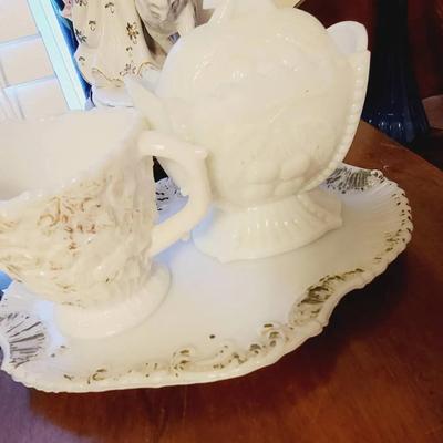 Molded Milk Glass Creamer Sugar  and Tray Antique
