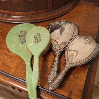 Dresser Sets - One Silver Plate and One Lucite - Each with Mirror and Brush 