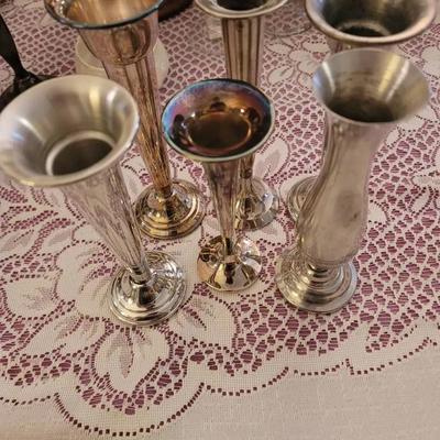 Pewter and Silver Plate Trumpet Bud Vases Vintage 6 Pc 