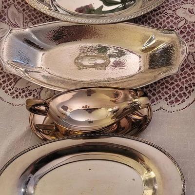 Silver Plate Dishes 3 Oval Trays and 1 Gravy 4 Pc - See Photos for Details