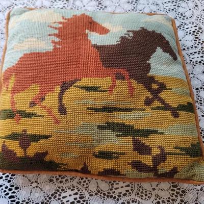 Needlepoint Accent Pillow Running Horses 10 x 10