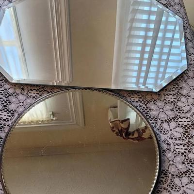Mirror Trays Silver Plate and Glass 2 Pc 