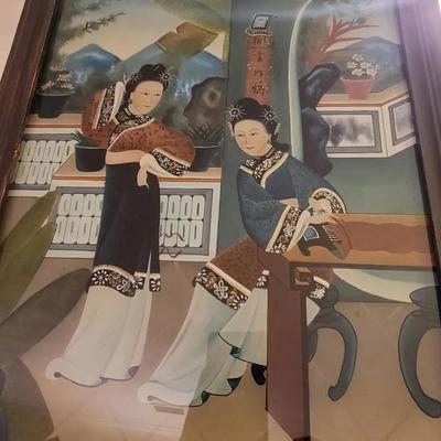 Chinese Reverse Painted Glass Painting of 2 Women Antique 