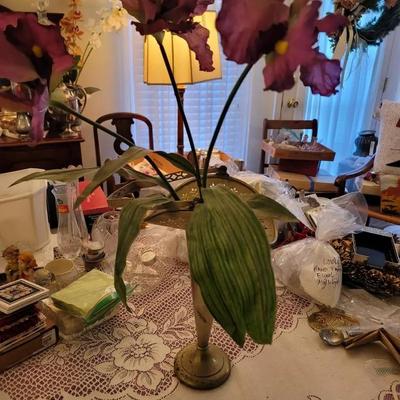 Silver Plate Trumpet Vase with Faux Iris Bouquet 