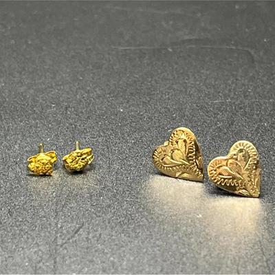 14k Gold Engraved Heart and Stud Cluster Earrings, 2 Pairs