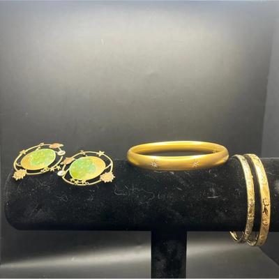 10K Gold Antique Hinged Cuff, Art Nouveau Man-on-the-moon Earrings, Goldfilled M F Marathon Bangles 