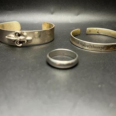 925 Mexico Silver Fleur-de-Lis Cuff, Mexico Silver Band, and 925 Christian Verse Cuff 44.51g