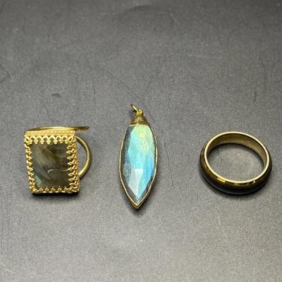 Labradorite Marquise Pendant, Labradorite Princess Cut Gemstone Gold Ring and Moonstone Band