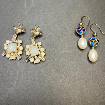 Cobalt Blue Turquoise Enamel With Freshwater Pearl Earrings and Milkglass Dangle Goldtone Earrings