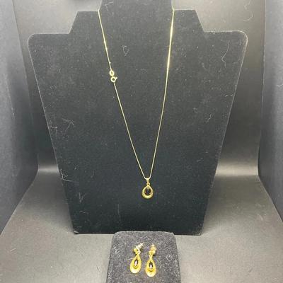 14k Gold Chain with Onyx Pendant and Onyx Drop Earrings Suite