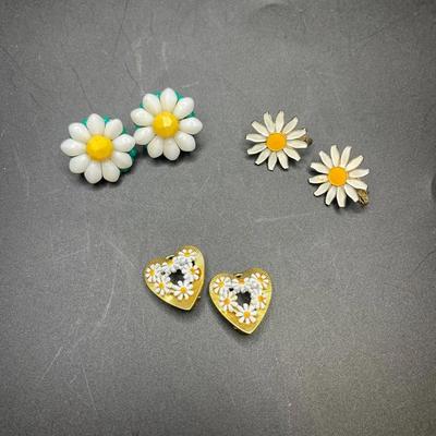 “Daisies” Vintage and Contemporary Clip-on Earrings, 3 Pairs 