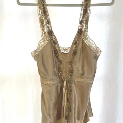 Gold Lace Trimmed Silk and Lace Bodice, Size Petite M/S | Vintage