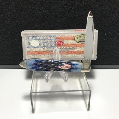 Sale Photo Thumbnail #3: Case Teardrop Union Blue Bone Handle
Case xx 5 dot USA TB61028 SS Shepherd Hills Exclusive Civil War Series Measures: 3 1/2" long Blades: single SS Badge: long tail CASE xx and USA Flag Bolsters: engraved U.S. and NORTH Box: original.
