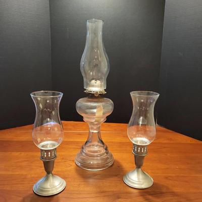 Oil Lamp & 2 Pewter & Glass Candlestick Holders