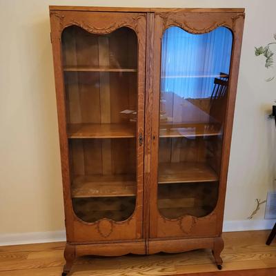 Antique Victorian Oak Front Bookcase Cabinet