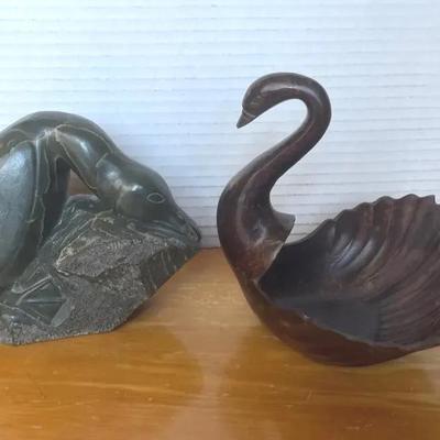Signed Green Stone Duck & Metal Swan