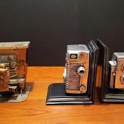 Copper Music Man At Piano Music Box & Retro Camera Bookends