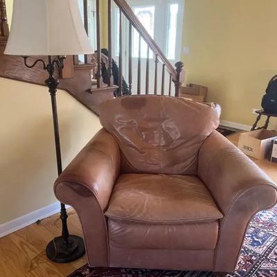 Well-Worn Light Brown Leather Chair & Metal Floor Lamp