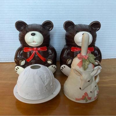 Bernaraud Candle Holder, 2 Ceramic Bears, Ceramic Deer Bell Music Box