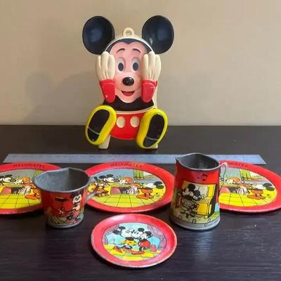 Vintage Disney Windup Mickey Mouse & Miniature Tin Plates 