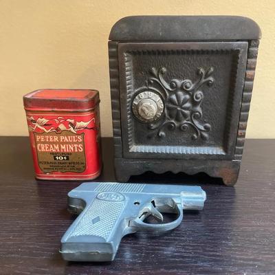 Vintage Cast Iron Bank, Dick Tracy Cap Gun & Mint Tin