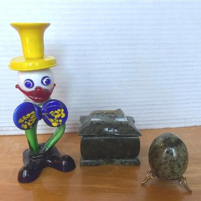 Hand blown Murano Glass Clown Candle Holder, Green Stone Trinket Box & Egg