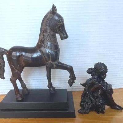 Resin Sitting Girl & Bronze Horse Sculptures