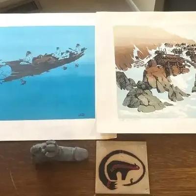 2 Signed C. Alan Johnson Native American Prints, Fertility Statue, Decorative Tile