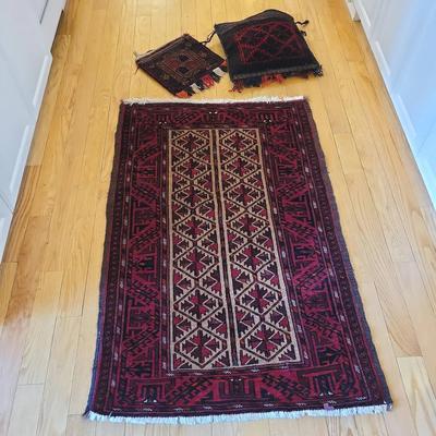 Area Rug & (2) Woven  Afghan Baluch Bags