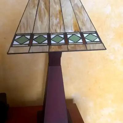 Vintage Arts & Crafts-Style Beige, Green Slag Glass Lamp 