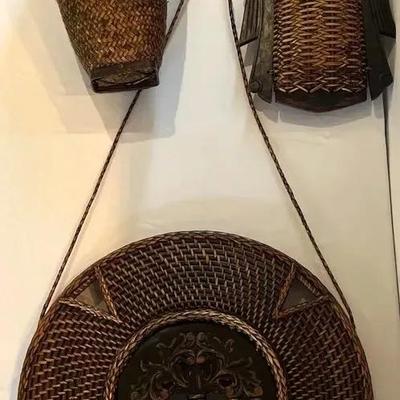 Decorative Rattan and Wood Medallion and Flower Arrangement Holders